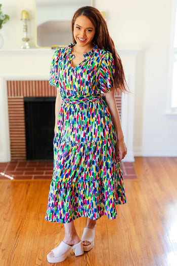 All For You Navy Multicolor Abstract Print Smocked Waist Maxi Dress Haptics