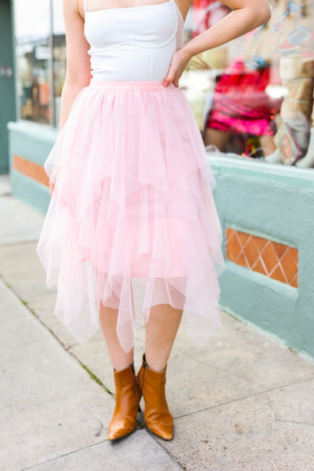 Feeling Femme' Blush Asymmetric Tiered Tulle Midi Skirt Haptics