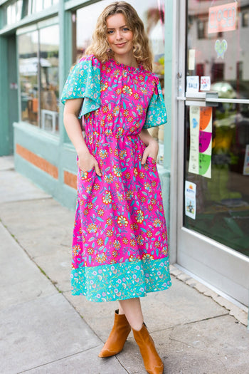 Charming Fuchsia & Mint Floral Frill Mock Neck Flutter Sleeve Midi Dress Haptics