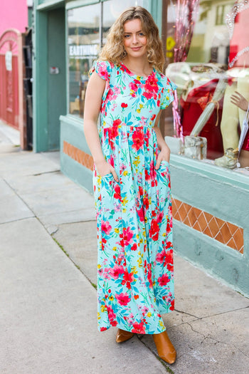 Aqua Floral Fit & Flare Maxi Dress Haptics