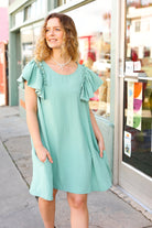 Out For The Day Sage Crinkle Woven Ruffle Sleeve Dress Haptics