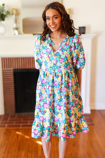 Can't Say No Mint & Fuchsia Floral Notch Neck Bubble Sleeve Dress Haptics