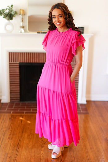 Perfectly You Hot Pink Mock Neck Tiered Chiffon Maxi Dress Haptics