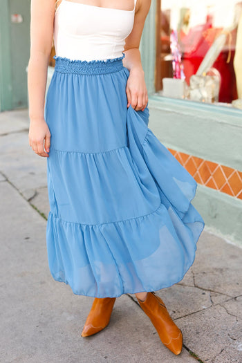 Look of Love Denim Blue Smocked Waist Tiered Chiffon Skirt Haptics