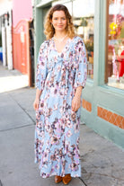 Powder Blue & Lavender Floral V Neck Ruffle Maxi Dress Beeson River