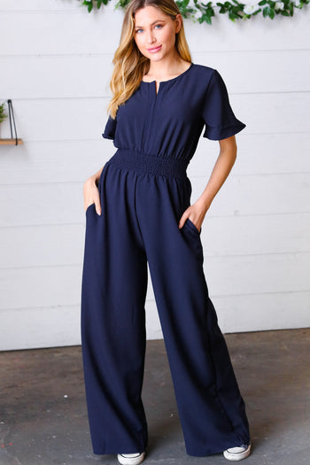 Dark Blue Smocked Waist Notch Neck Crepe Jumpsuit Haptics