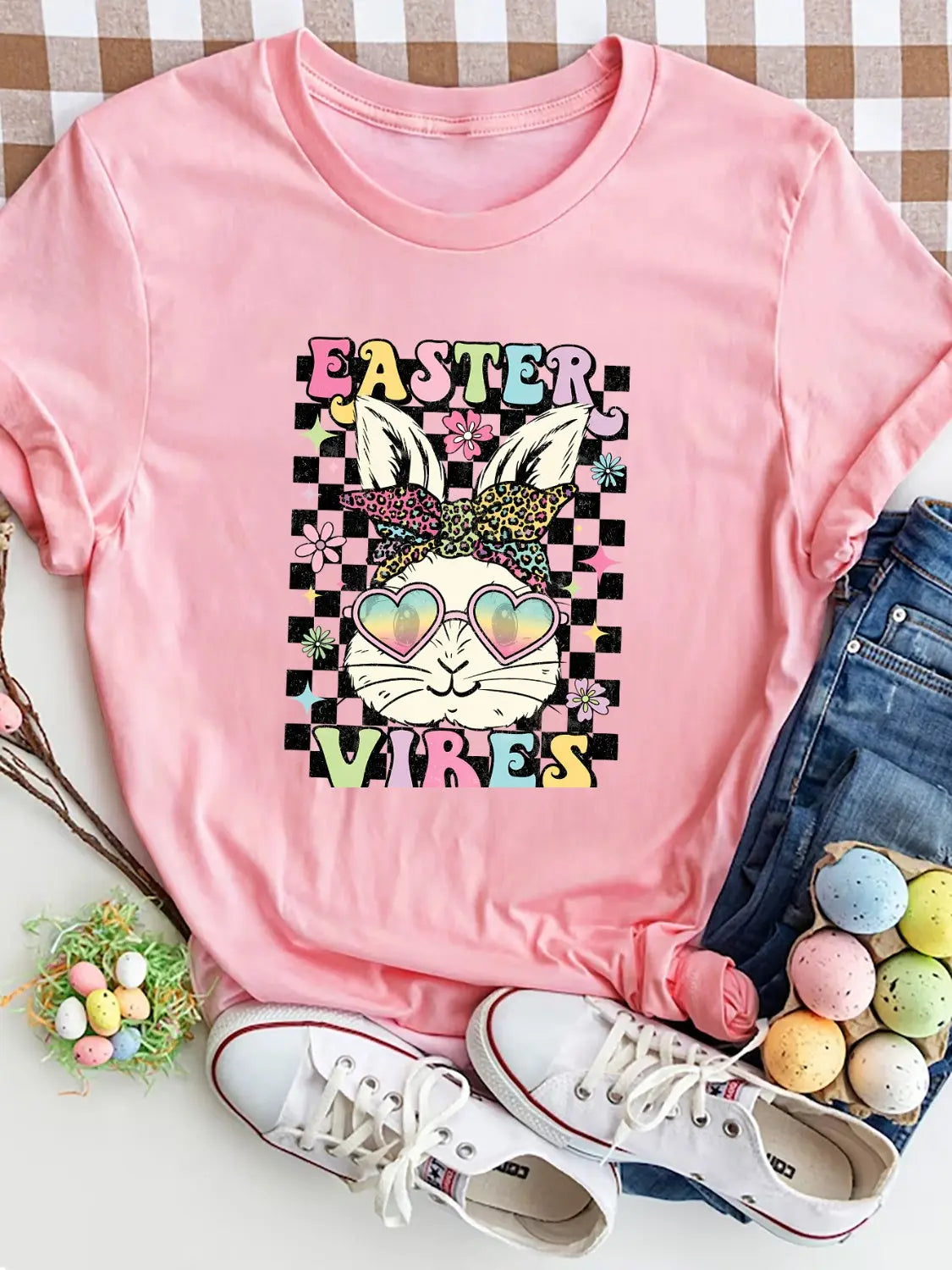 EASTER VIBES Round Neck Short Sleeve T-Shirt Trendsi