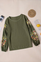 Embroidered Round Neck Balloon Sleeve T-Shirt Trendsi