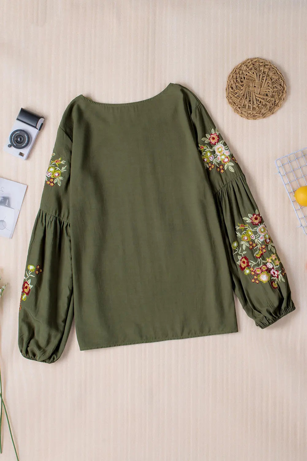 Embroidered Round Neck Balloon Sleeve T-Shirt Trendsi