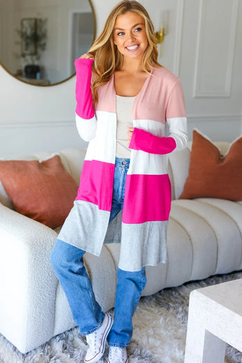 Face The Day Blush Wide Stripe Hacci Colorblock Cardigan Haptics