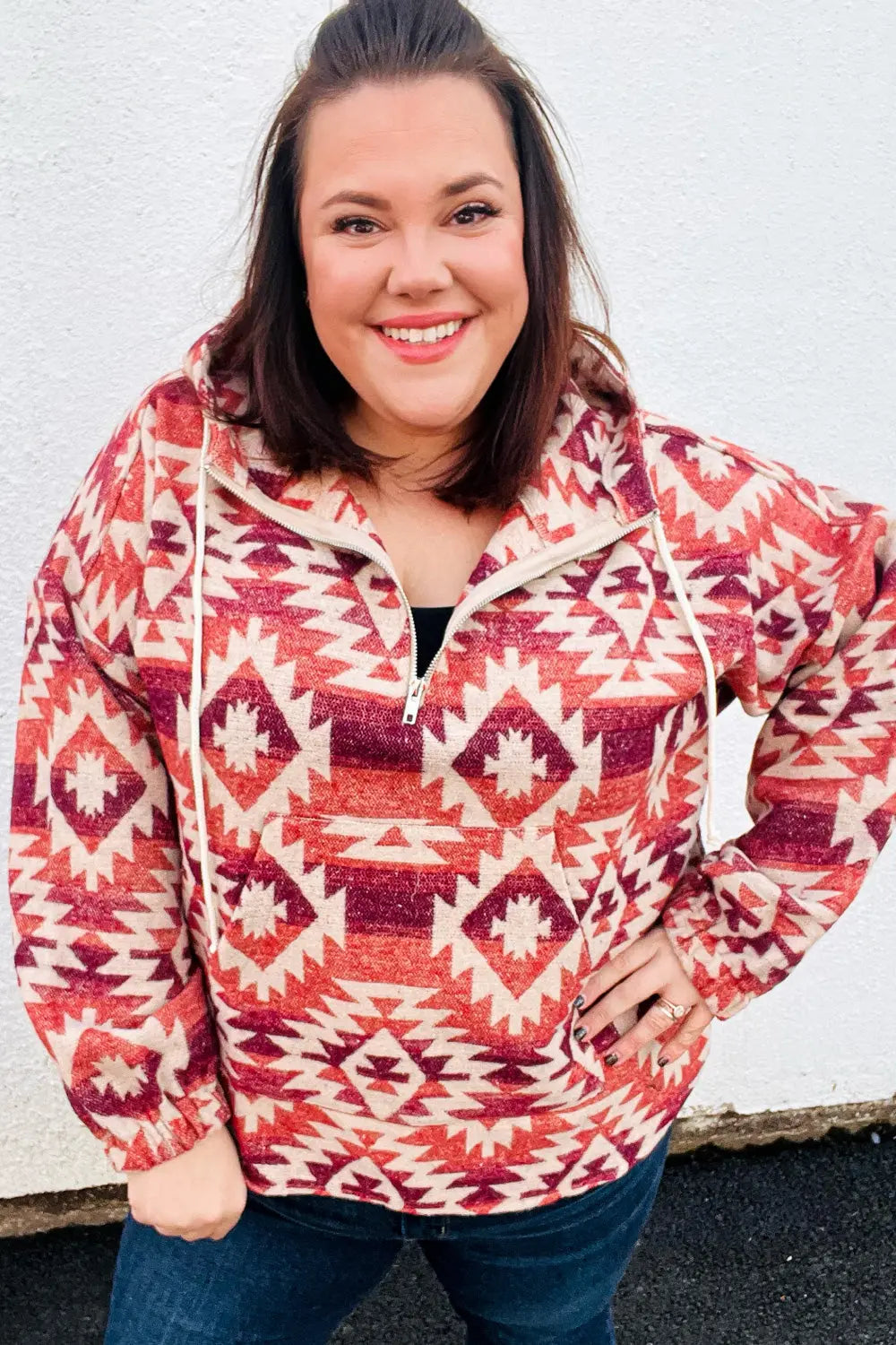 Fall For You Rust & Burgundy Aztec Half Zip High Neck Hoodie Haptics