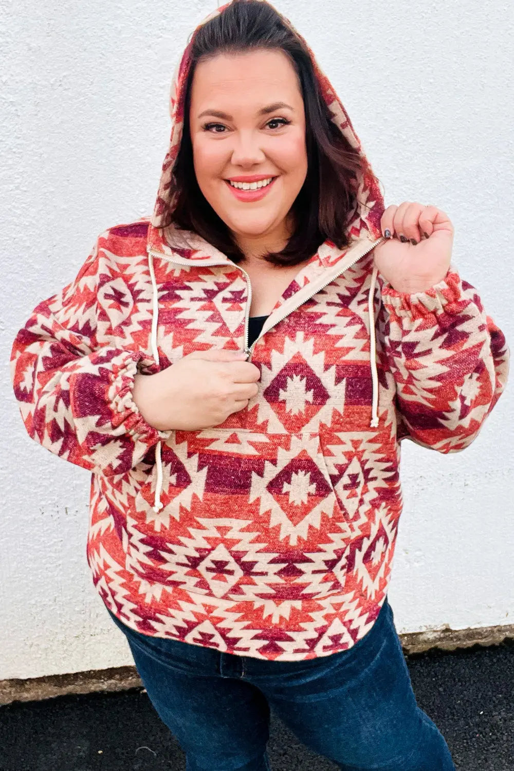 Fall For You Rust & Burgundy Aztec Half Zip High Neck Hoodie Haptics