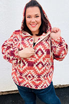 Fall For You Rust & Burgundy Aztec Half Zip High Neck Hoodie Haptics