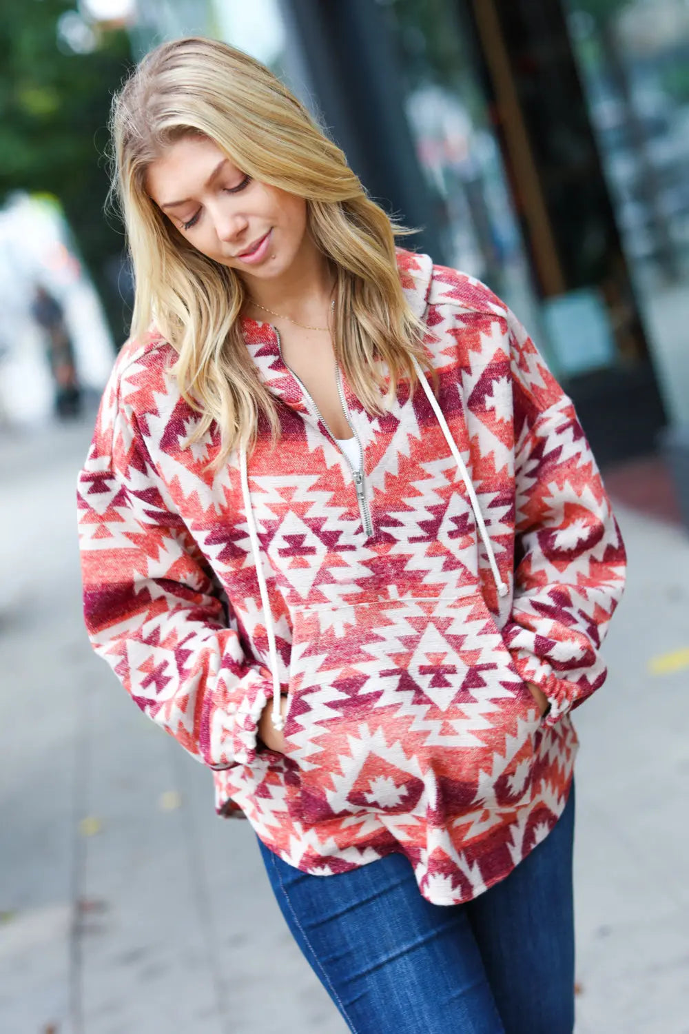 Fall For You Rust & Burgundy Aztec Half Zip High Neck Hoodie Haptics