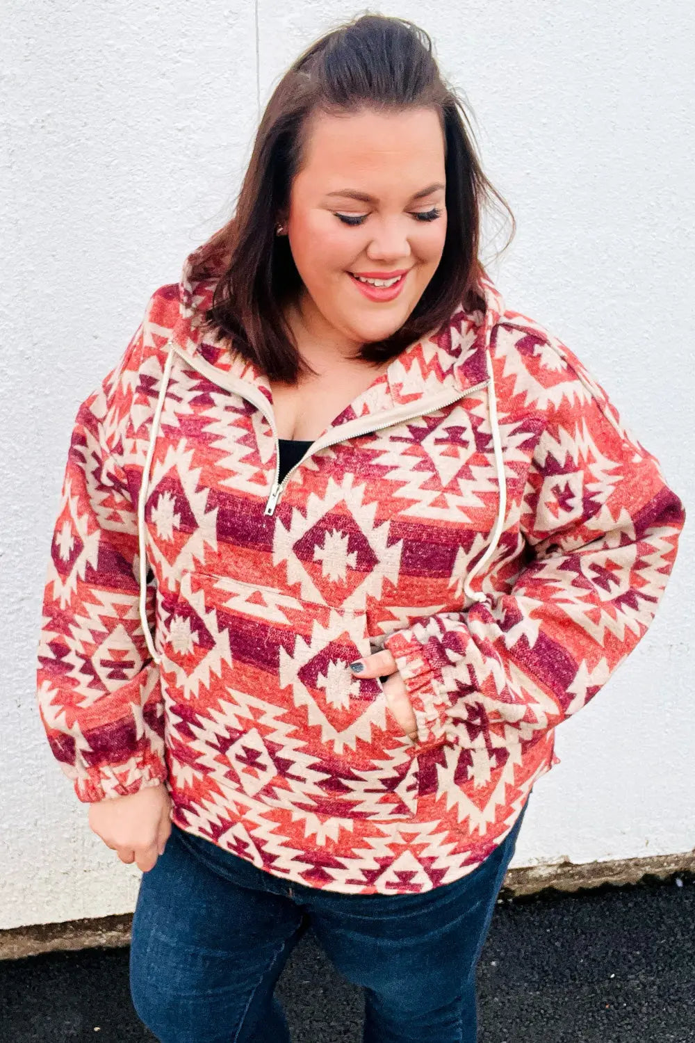 Fall For You Rust & Burgundy Aztec Half Zip High Neck Hoodie Haptics