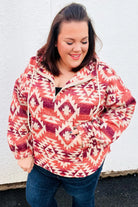 Fall For You Rust & Burgundy Aztec Half Zip High Neck Hoodie Haptics