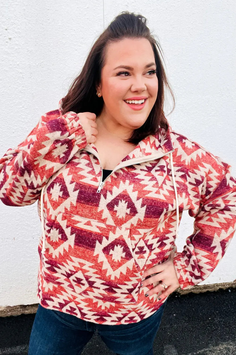 Fall For You Rust & Burgundy Aztec Half Zip High Neck Hoodie Haptics