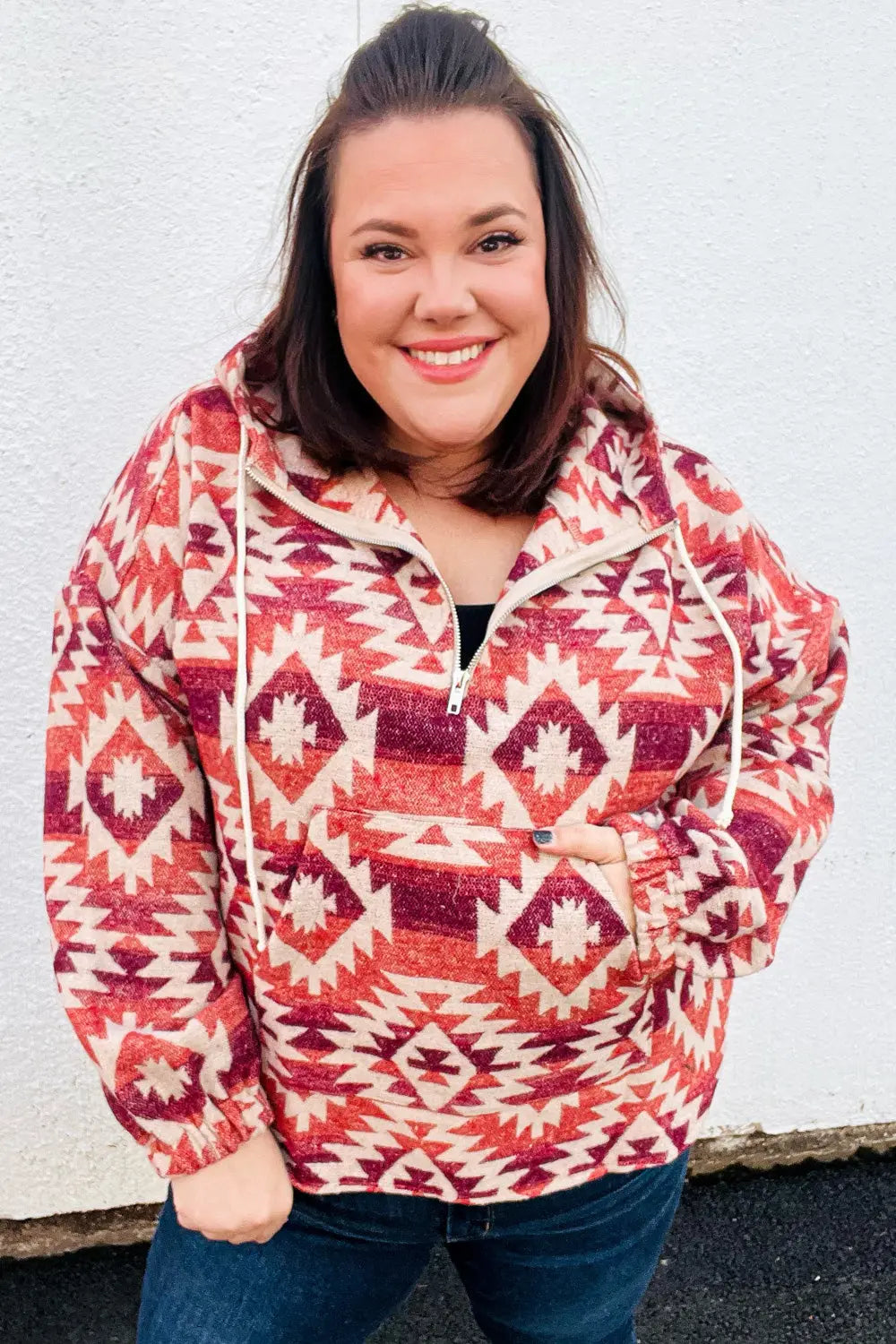 Fall For You Rust & Burgundy Aztec Half Zip High Neck Hoodie Haptics