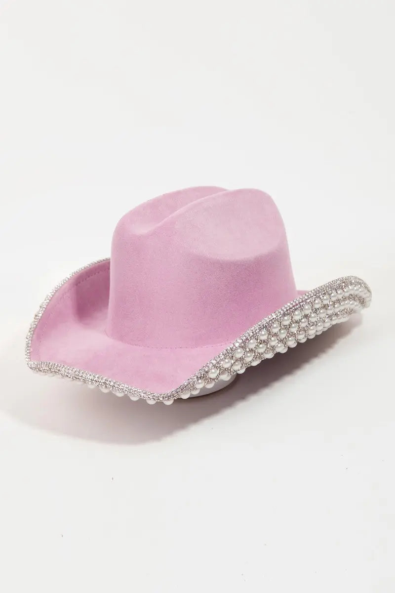 Fame Pave Rhinestone Pearl Trim Cowboy Hat Trendsi