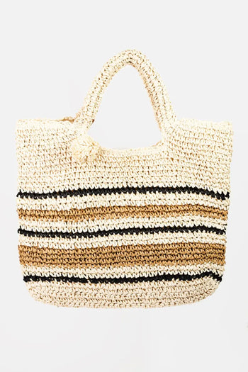 Fame Striped Straw Braided Tote Bag Trendsi