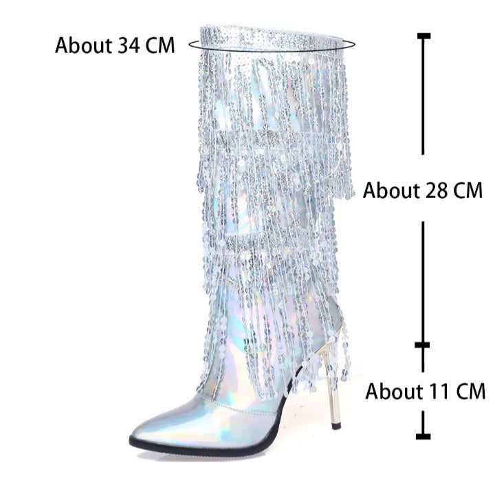 Pointed Toe Fringe Sequined Mid Calf Tassel Metallic Glitter Women's Boot Fashionella