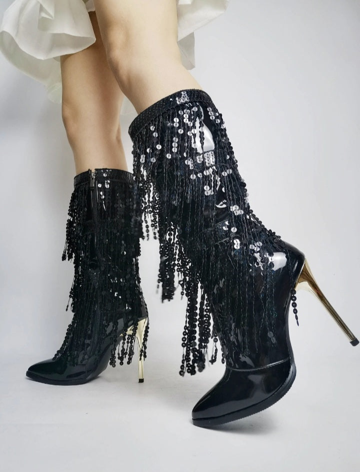 Pointed Toe Fringe Sequined Mid Calf Tassel Metallic Glitter Women's Boot Fashionella