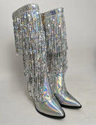 Pointed Toe Fringe Sequined Mid Calf Tassel Metallic Glitter Women's Boot Fashionella