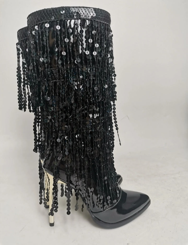 Pointed Toe Fringe Sequined Mid Calf Tassel Metallic Glitter Women's Boot Fashionella