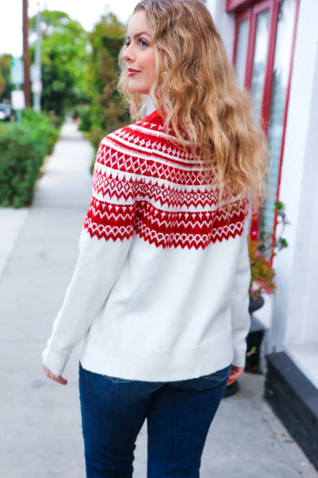 Feeling Festive Ivory & Red Fair Isle Mock Neck Sweater Haptics