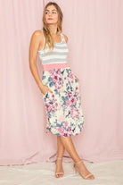 Floral Stripe Band Midi Dress EG fashion