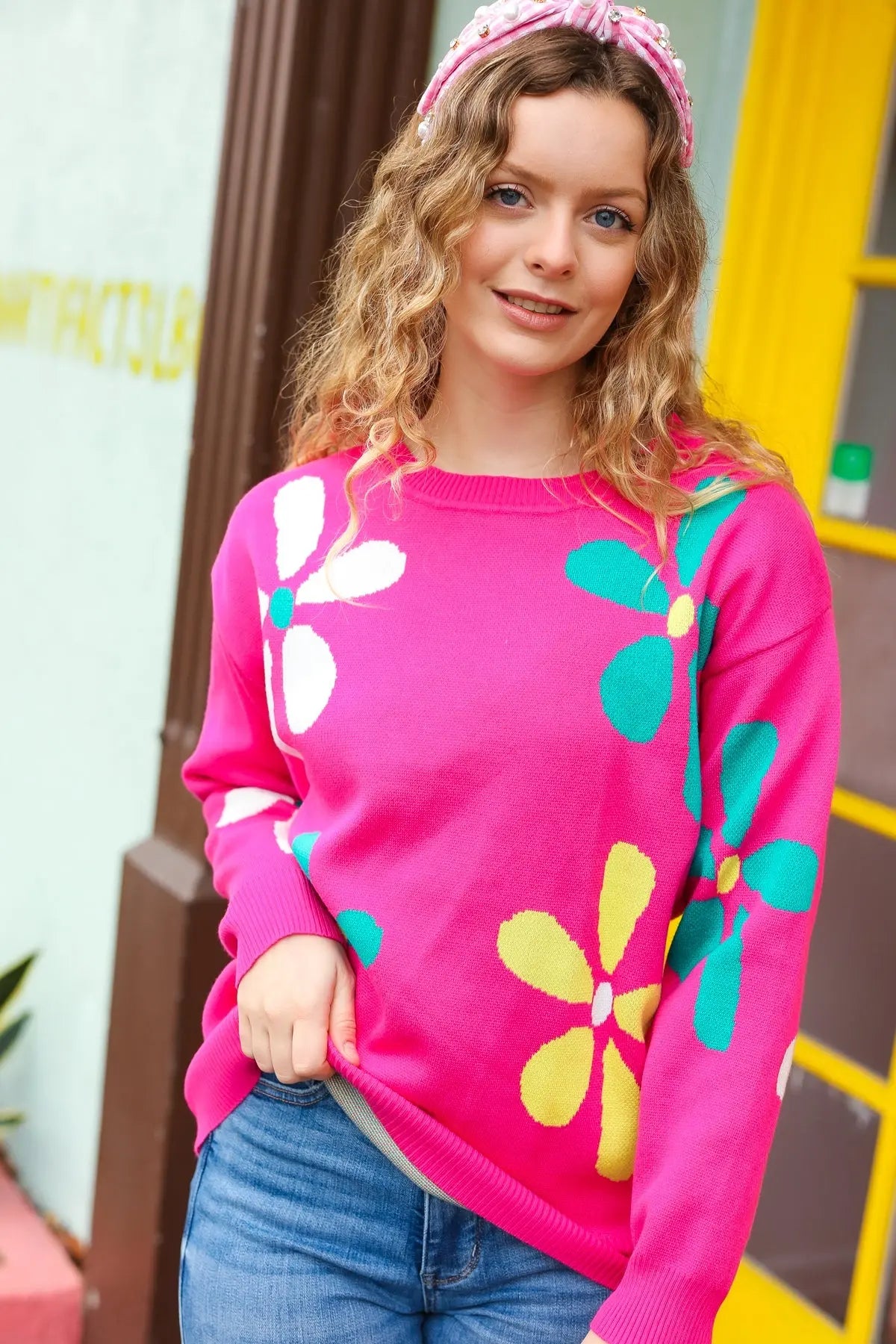 Flower Power Hot Pink Daisy Jacquard Pullover Sweater Haptics