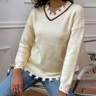 Frayed Detail V-Neck Sweater Trendsi
