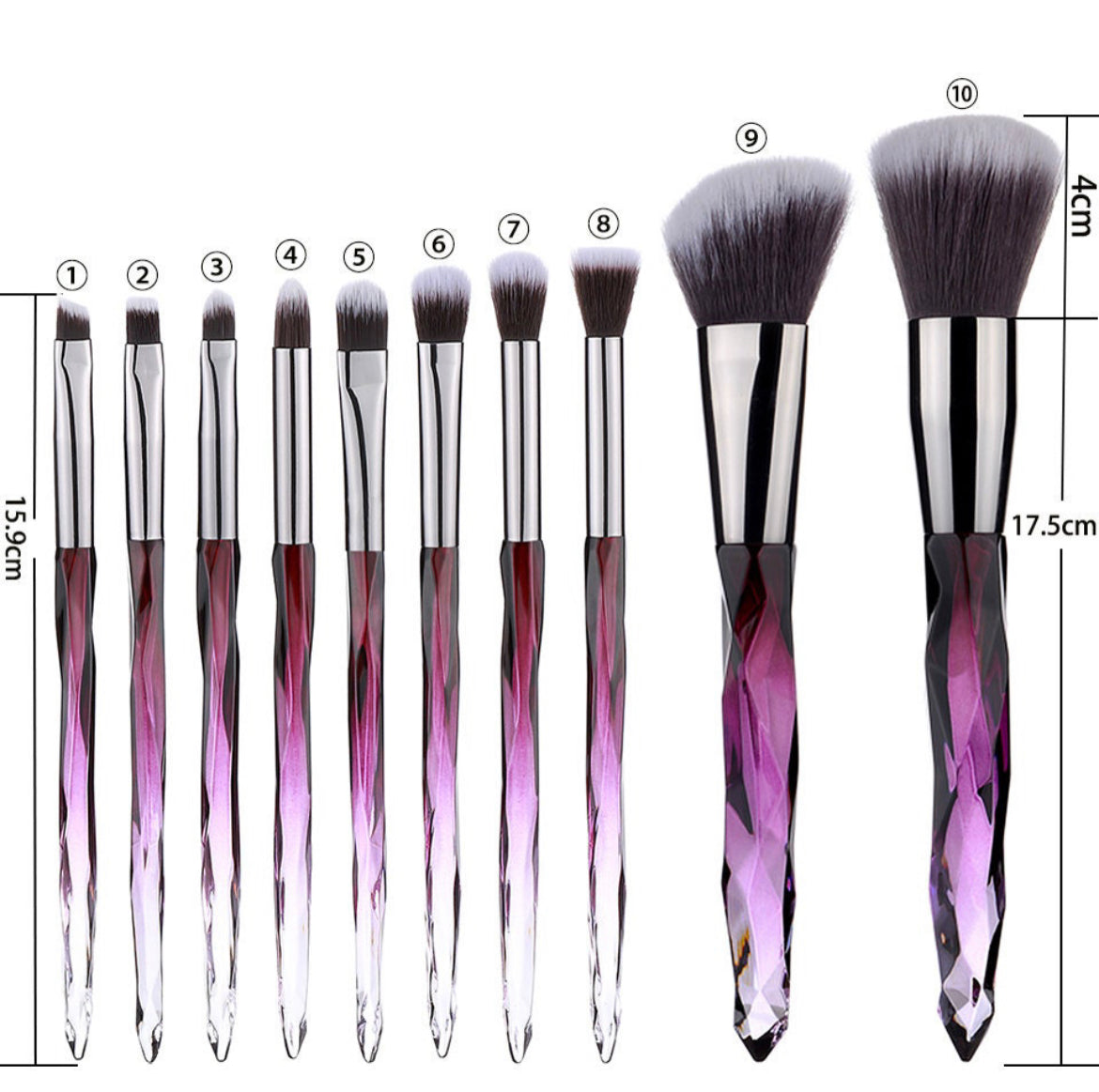 10 pc Crystal Glass Makeup Brush Set Purple Lashy B Lash Bar