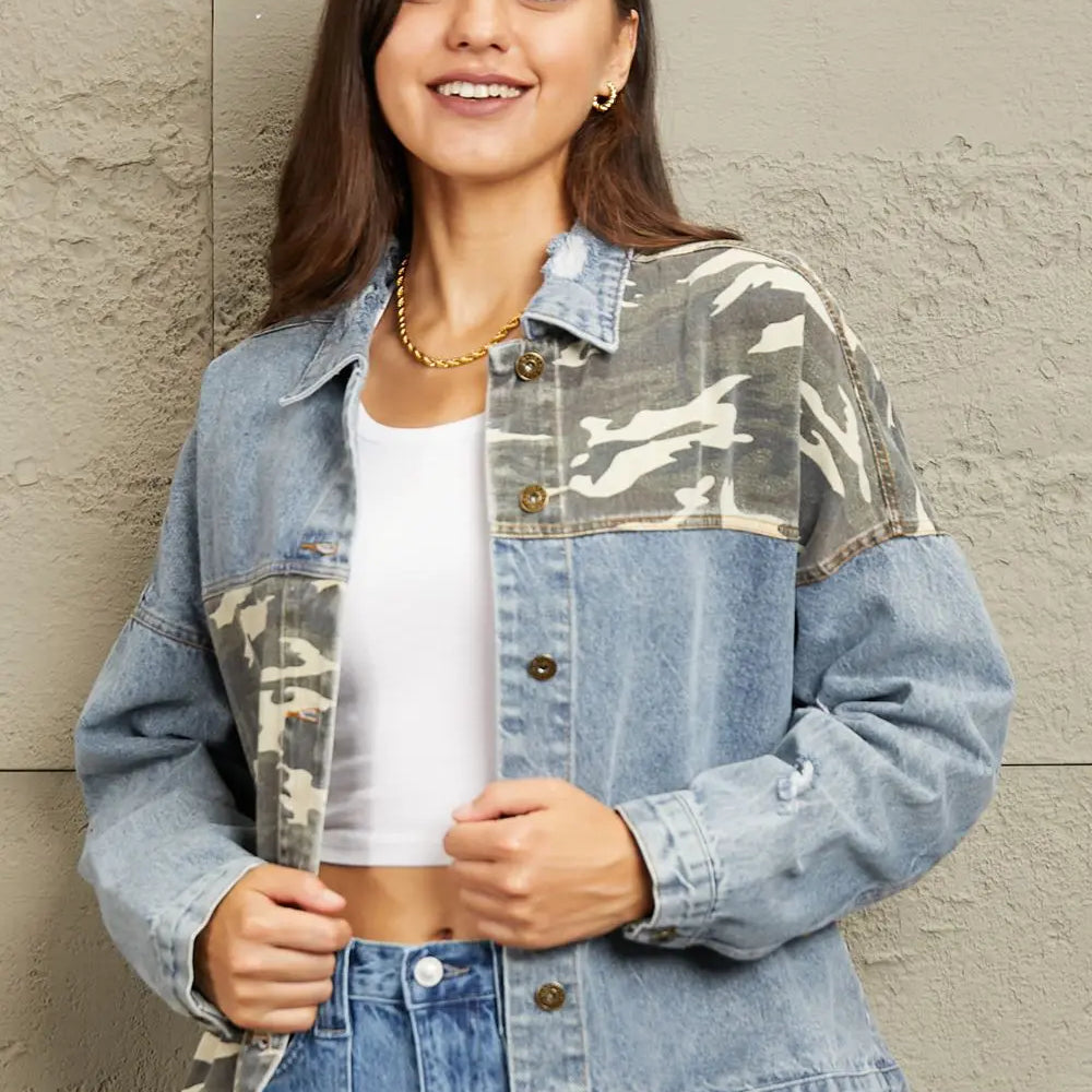 GeeGee Full Size Washed Denim Camo Contrast Jacket Trendsi