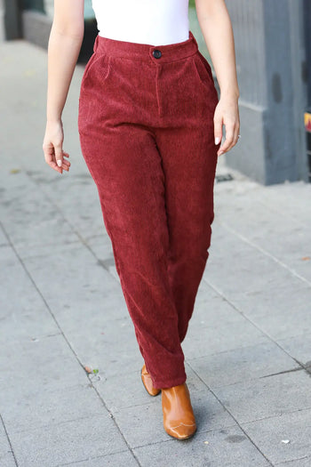 Going Your Way Burgundy Corduroy High Rise Tapered Pants Zenana