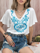 Graphic V-Neck Flutter Sleeve T-Shirt Trendsi