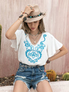 Graphic V-Neck Flutter Sleeve T-Shirt Trendsi