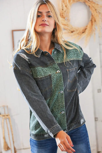 Green Leopard Distressed Washed Denim Jacket Haptics