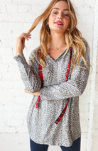Grey Leopard Print & Plaid Drawstring Hoodie Now and Forever