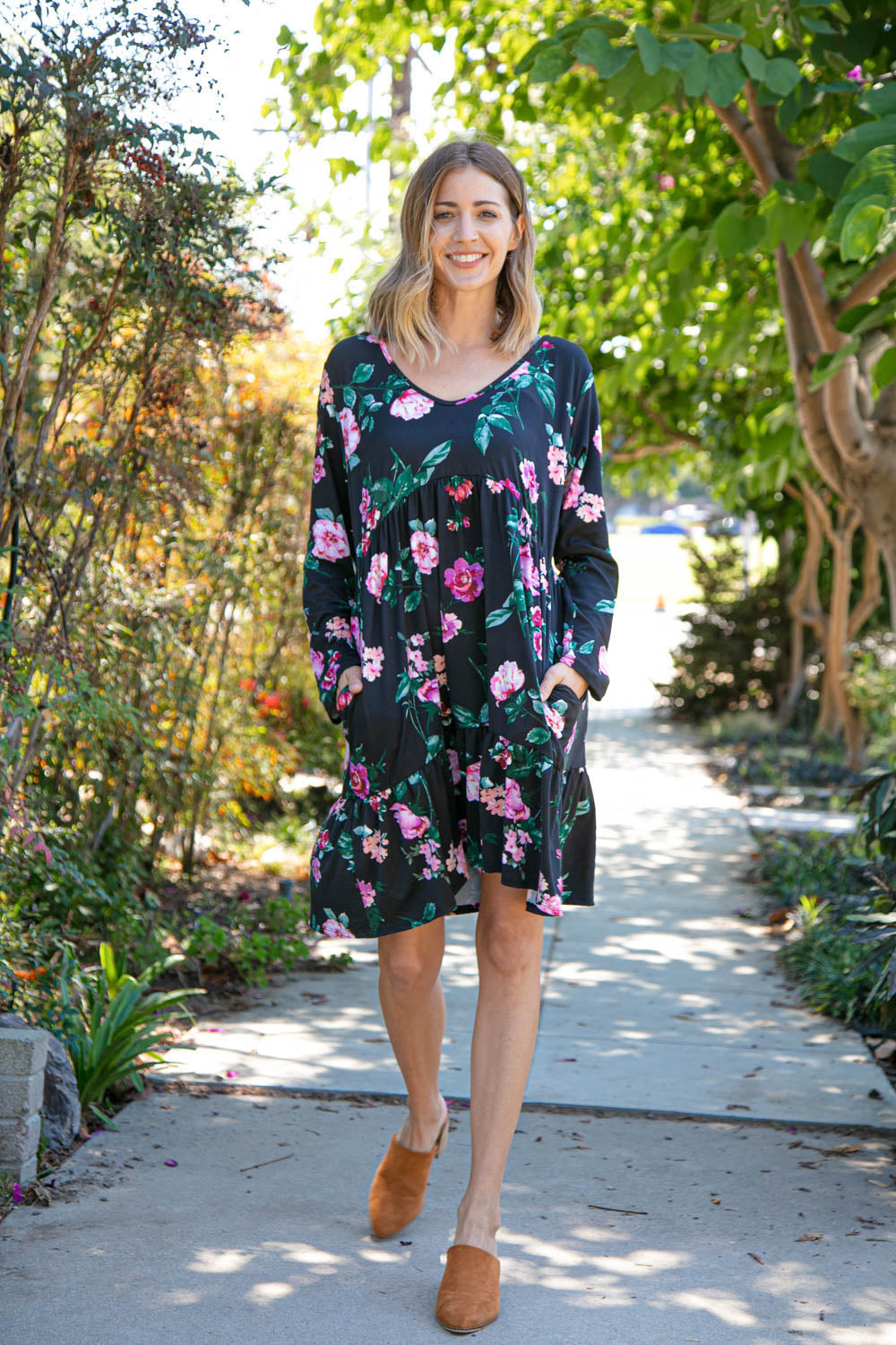 Midnight Floral Tiered Babydoll Dress with Pockets Haptics