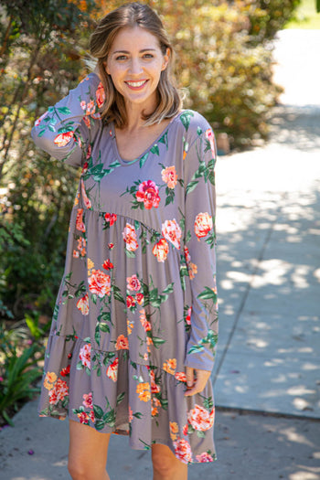 Slate Floral Tiered Babydoll Dress with Pockets Haptics