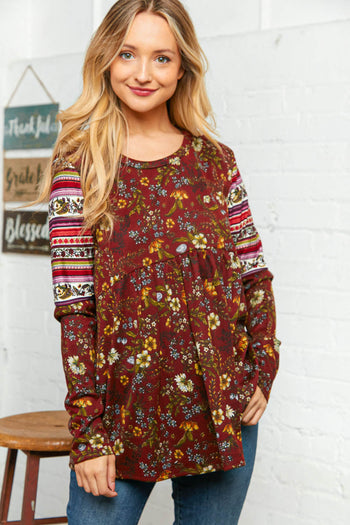 Burgundy Hacci Babydoll Ethnic Sleeve Top Haptics