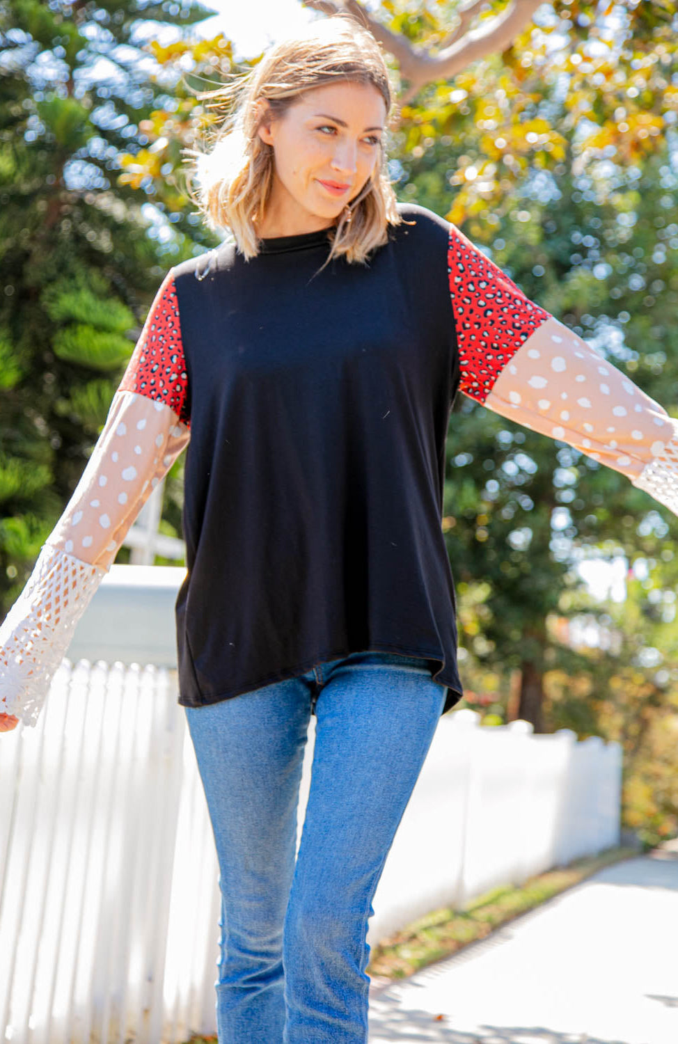 Leopard Color Block Lace Sleeve Knit Top Haptics