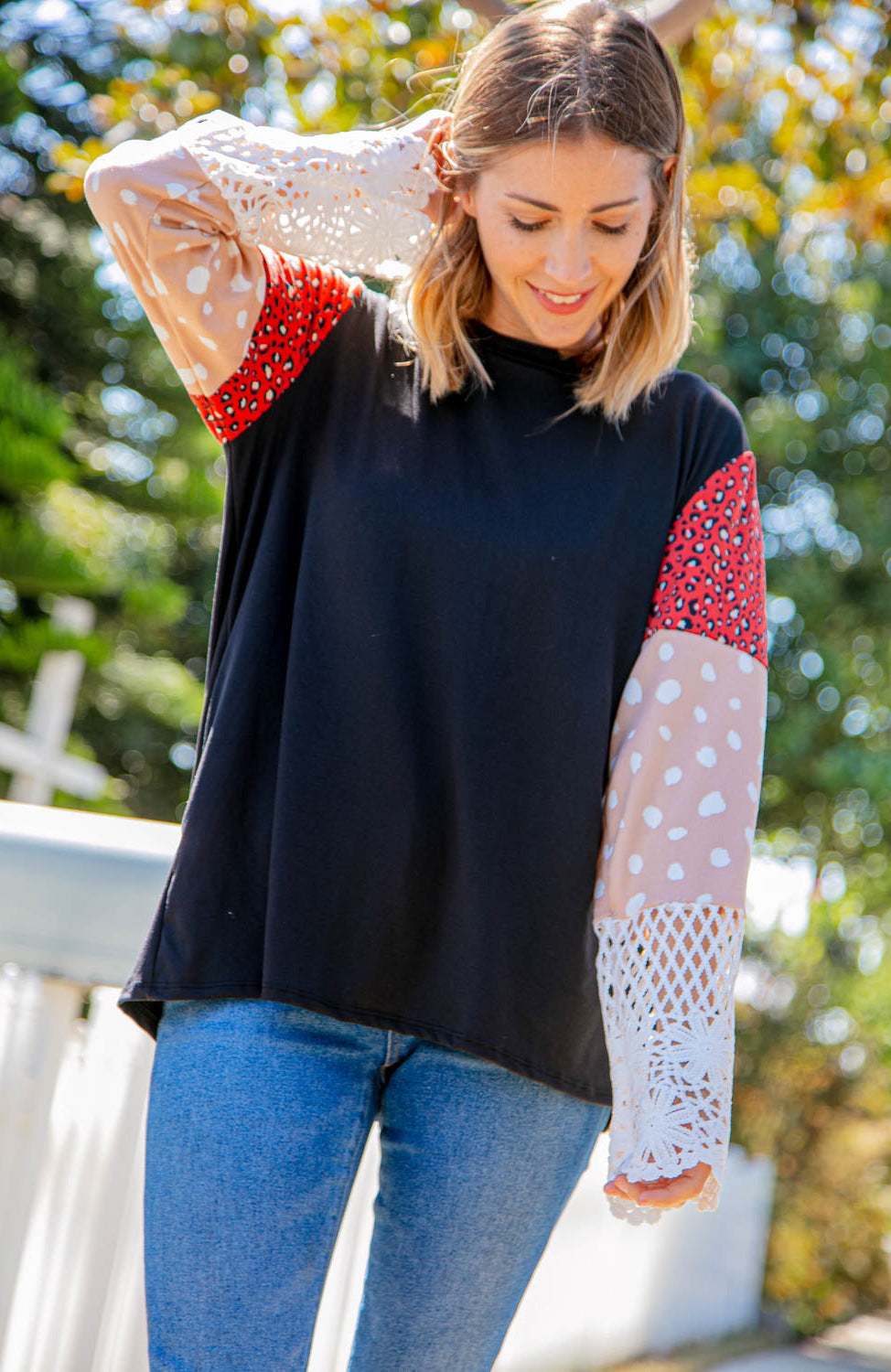 Leopard Color Block Lace Sleeve Knit Top Haptics