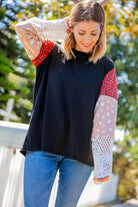 Leopard Color Block Lace Sleeve Knit Top Haptics