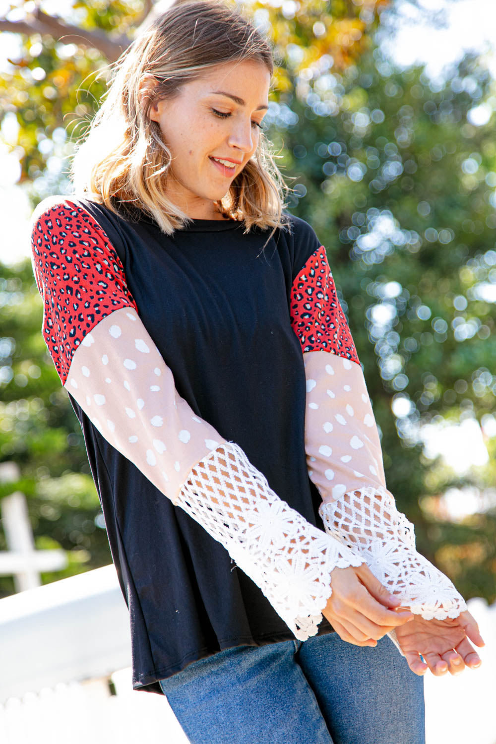 Leopard Color Block Lace Sleeve Knit Top Haptics