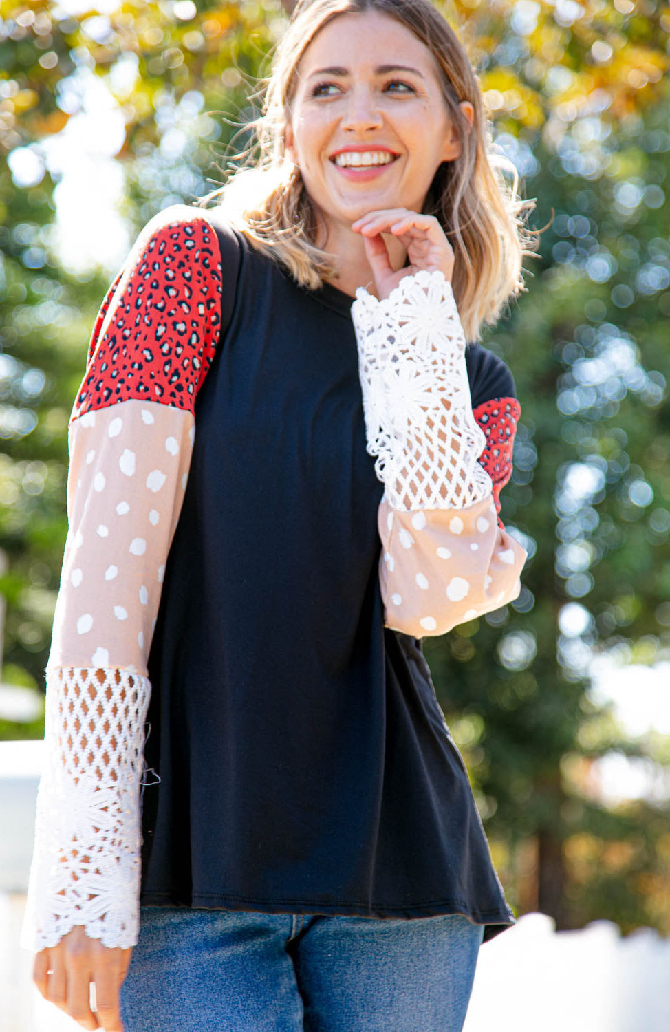 Leopard Color Block Lace Sleeve Knit Top Haptics