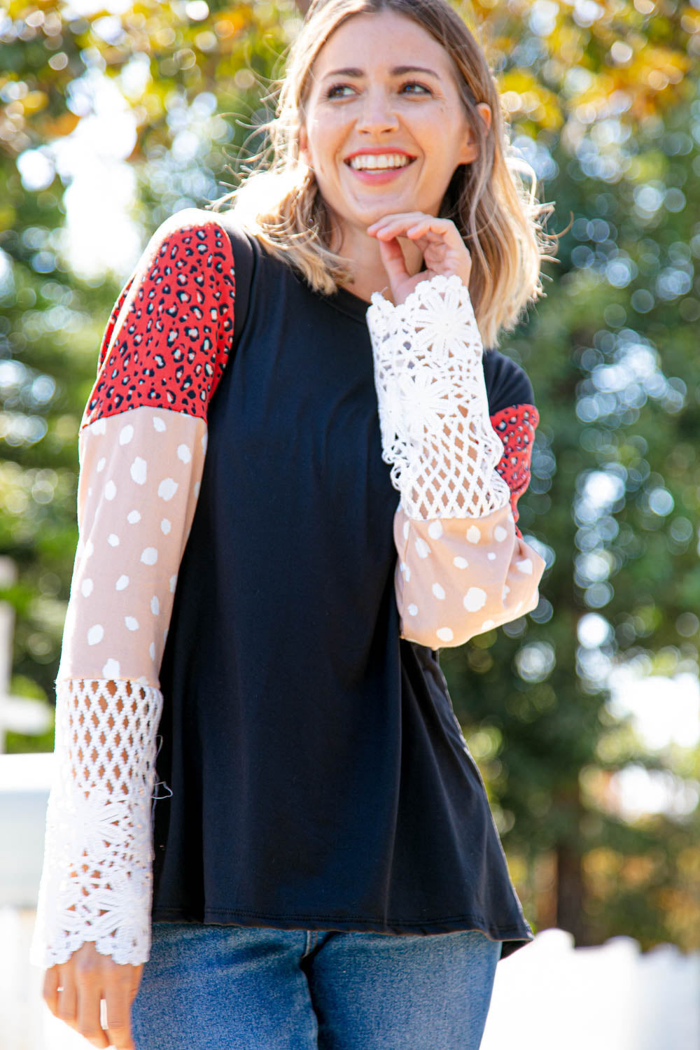 Leopard Color Block Lace Sleeve Knit Top Haptics