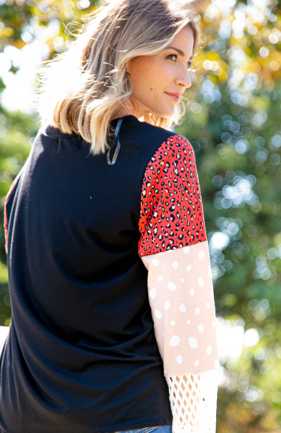 Leopard Color Block Lace Sleeve Knit Top Haptics
