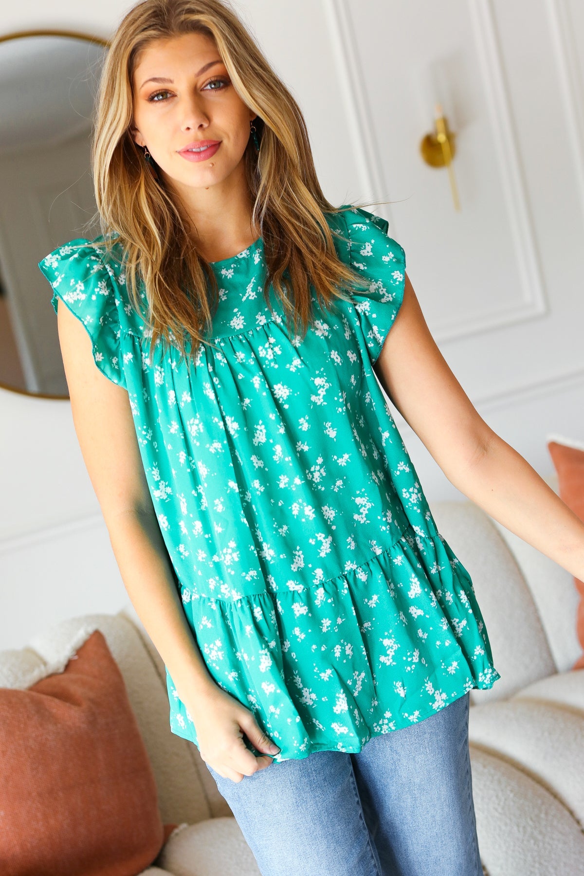 Mint Floral Yoke Flutter Sleeve Keyhole Back Top Haptics